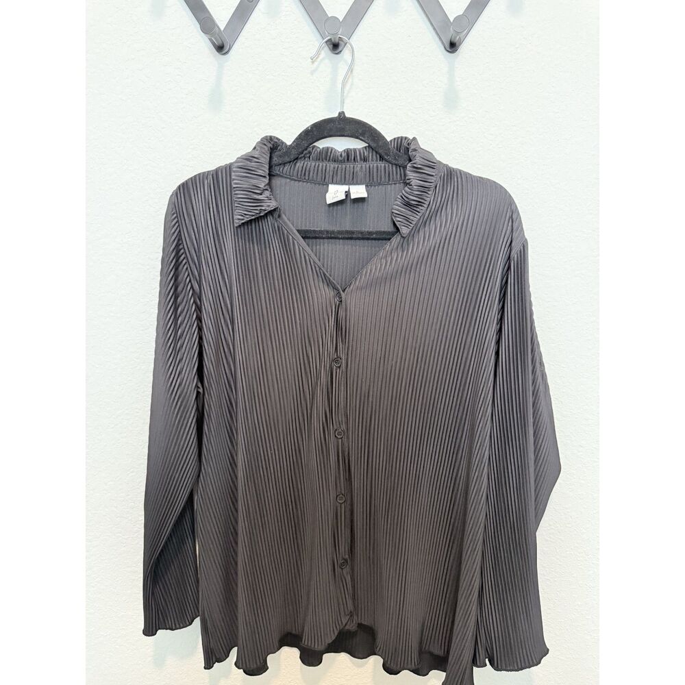 Joie Black Plisse Pleated Button Down Shirt Wide Sleeve Accordion Blouse
